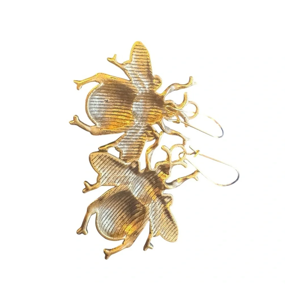 Gold Tone Large Bee Drop Earrings Jewelry Flying Insect Wings